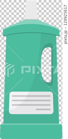 A vibrant, teal-colored container with a handle and label, typically used for liquid solutions. 129925617