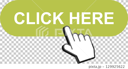 Click Here Button with Hand Cursor Pointing To It, Isolated on Black Background. Call to Action. 129925622