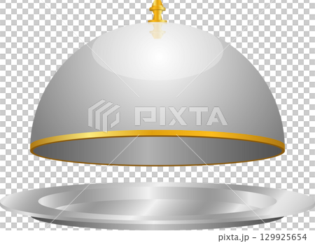 A silver serving platter with a dome-shaped cover, ideal for serving meals or keeping food warm. 129925654