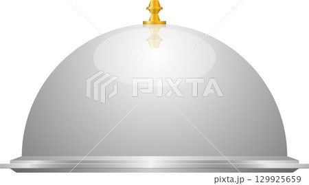 A silver service dome with a gold handle sits against a black background, ready for serving. 129925659