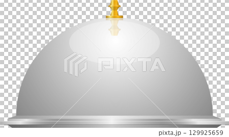A silver service dome with a gold handle sits against a black background, ready for serving. 129925659
