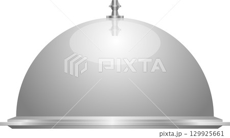 Silver platter dome with ornate top; gleaming surface reflecting light. Elegant presentation tool. 129925661