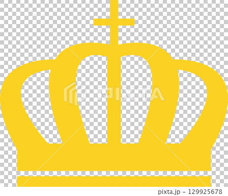A golden stylized crown with a cross above it, against a solid black background, simple and elegant. 129925678