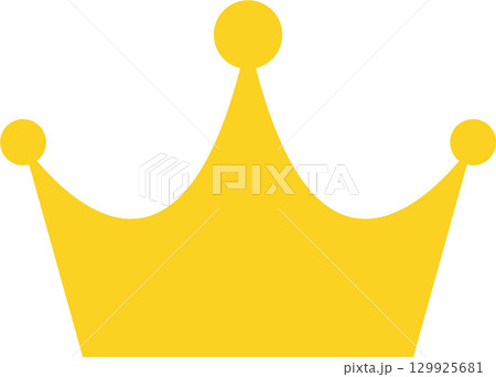Golden crown with three prongs topped with spherical ornaments on a black background. 129925681