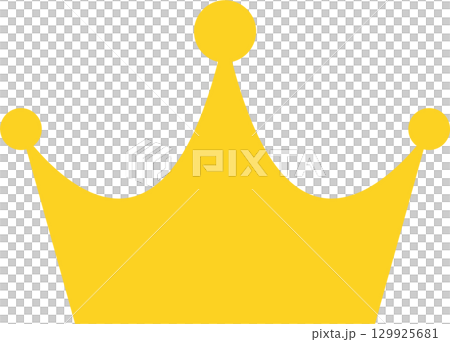 Golden crown with three prongs topped with spherical ornaments on a black background. 129925681