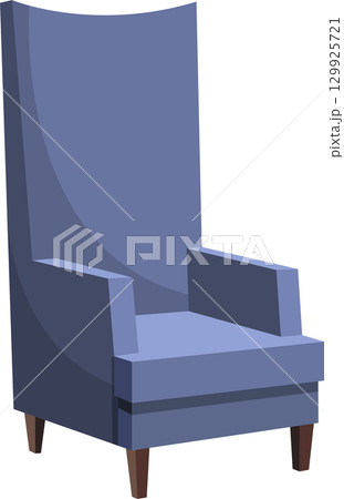A tall, blue armchair with wooden legs sits on a dark background, evoking relaxation and comfort. A tall, blue armchair with wooden legs sits on a dark background, evoking relaxation and comfort. 129925721
