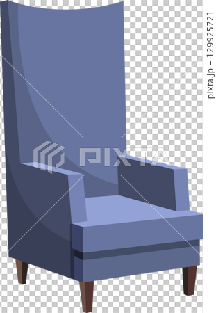 A tall, blue armchair with wooden legs sits on a dark background, evoking relaxation and comfort. A tall, blue armchair with wooden legs sits on a dark background, evoking relaxation and comfort. 129925721