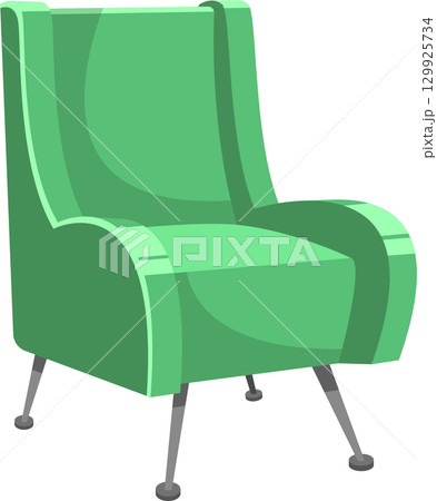 Mint green, cozy armchair isolated. Metal legs, cartoon style. Perfect lounge or waiting room seating. 129925734