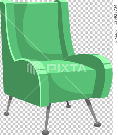 Mint green, cozy armchair isolated. Metal legs, cartoon style. Perfect lounge or waiting room seating. 129925734