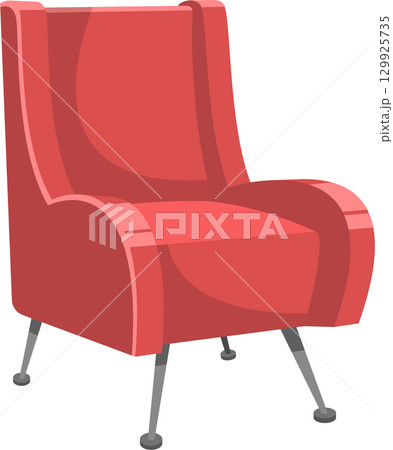 A red armchair with a high back and angled legs, set against a stark black backdrop. Cartoon style. 129925735