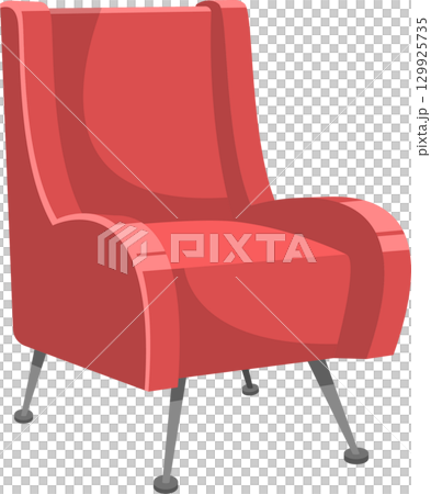 A red armchair with a high back and angled legs, set against a stark black backdrop. Cartoon style. 129925735
