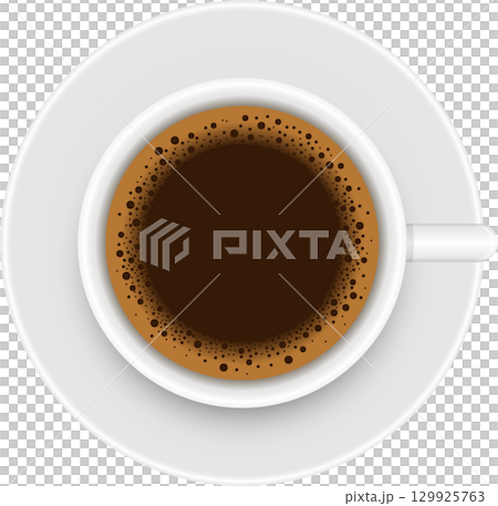 Overhead view of a cup of dark roast coffee in a white cup and saucer, simple and clean. Overhead view of a cup of dark roast coffee in a white cup and saucer, simple and clean. 129925763
