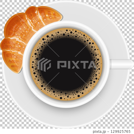 Overhead view of black coffee in a white cup with a croissant on a white saucer. 129925765