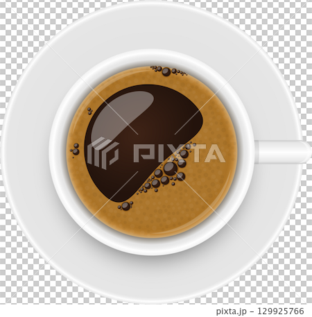 Overhead shot of a steamy cup of black coffee on a white saucer, inviting and caffeinated. 129925766
