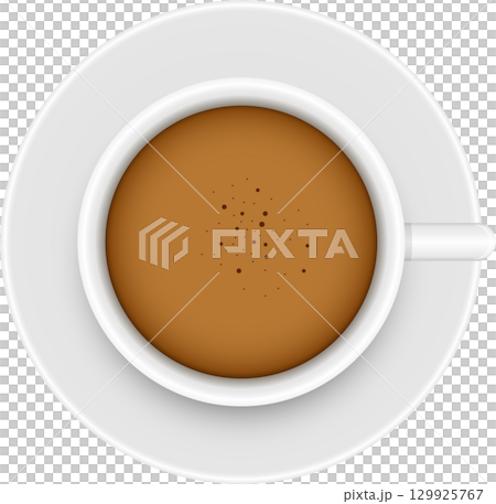 Top-down view of coffee cup, inviting warmth, simple joys, and caffeine boost in a clean style. 129925767