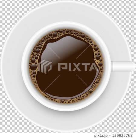 Overhead view of dark beverage in a white ceramic cup, ready to be enjoyed at any time. 129925768