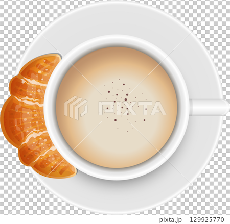 Overhead view of a cup of coffee with a croissant on a white plate, perfect for breakfast. Overhead view of a cup of coffee with a croissant on a white plate, perfect for breakfast. 129925770