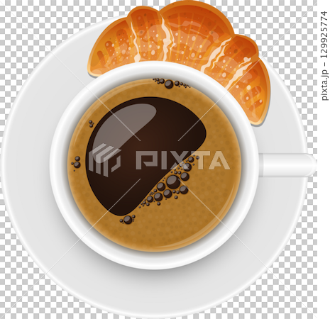 Overhead shot of a cup of dark roast coffee alongside a freshly baked crescent roll pastry. 129925774