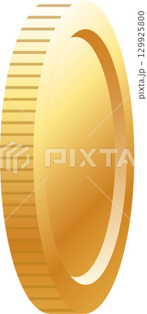 A golden coin is angled to show the edge, emphasizing the horizontal striations along its rim. 129925800