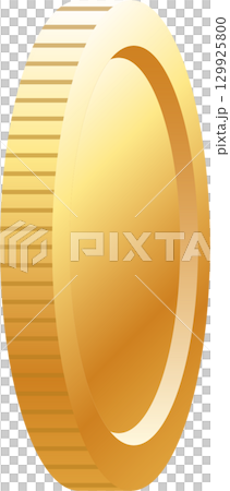 A golden coin is angled to show the edge, emphasizing the horizontal striations along its rim. 129925800