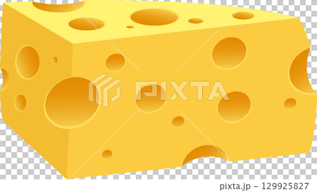 A block of cheese with varying size of holes on its surface, creating a food-related design. 129925827