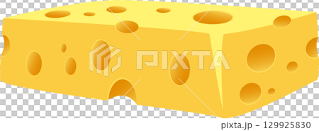 Cartoon block of yellow cheese with various sized holes, lying on its side with a shadow. Cartoon block of yellow cheese with various sized holes, lying on its side with a shadow. 129925830