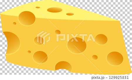 A triangular slice of cheese with varying sizes of holes, depicted in a cartoon style. A triangular slice of cheese with varying sizes of holes, depicted in a cartoon style. 129925831