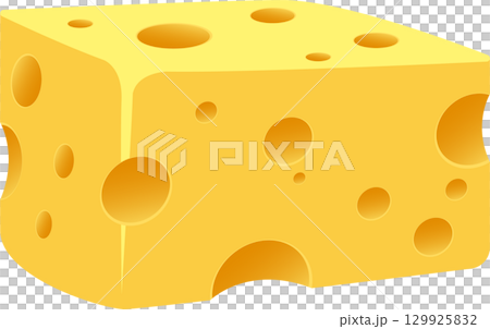A cartoon illustration of a block of cheese with holes, against a plain black background. 129925832