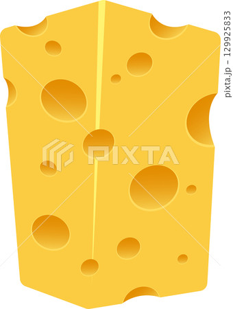 Cartoon illustration of a block of yellow cheese with holes against a dark background. Cartoon illustration of a block of yellow cheese with holes against a dark background. 129925833