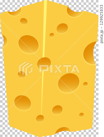 Cartoon illustration of a block of yellow cheese with holes against a dark background. Cartoon illustration of a block of yellow cheese with holes against a dark background. 129925833