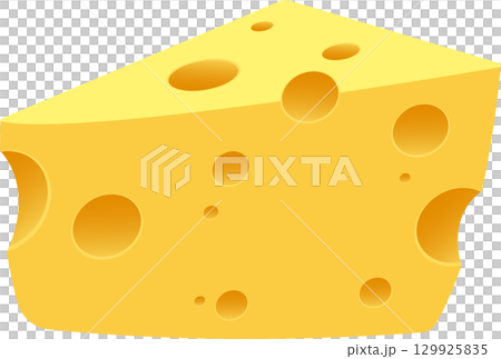 A triangular wedge of yellow swiss cheese with several holes of varying sizes in an illustration. A triangular wedge of yellow swiss cheese with several holes of varying sizes in an illustration. 129925835