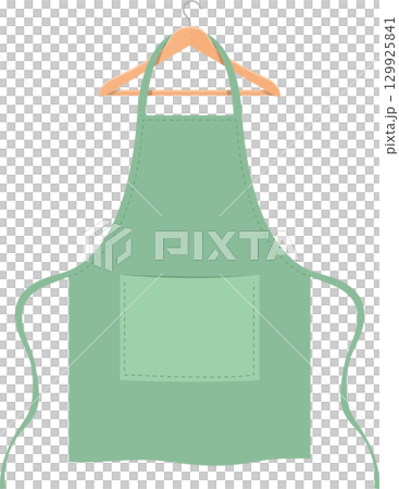 Mint green apron with pocket hanging on a wooden hanger, on a black background. Stylish and simple. 129925841