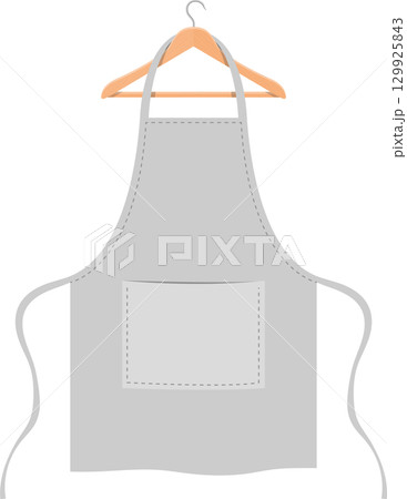 A clean, gray apron hangs on a wooden hanger against a black background. Ready for cooking. 129925843