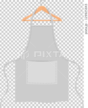 A clean, gray apron hangs on a wooden hanger against a black background. Ready for cooking. 129925843