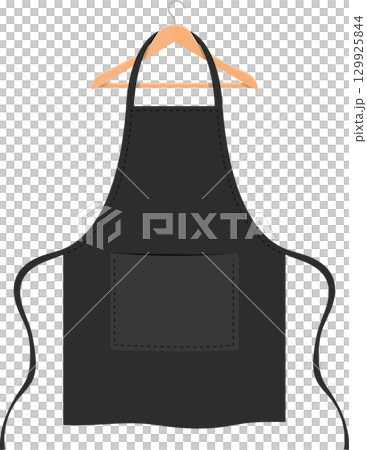 Black apron hanging on a wooden hanger, ready for use in cooking, crafting, or other activities. 129925844