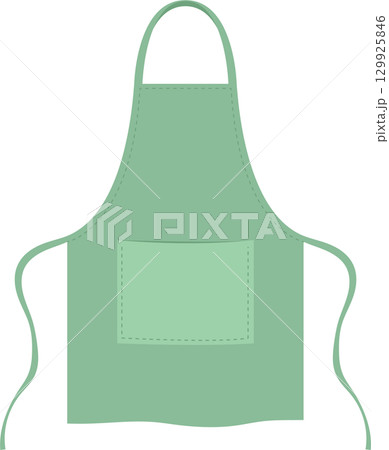 Light green apron with a front pocket and an overhead strap on a black background. Cooking gear. Light green apron with a front pocket and an overhead strap on a black background. Cooking gear. 129925846