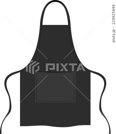 A gray apron is displayed in the center with a pocket stitched with a dashed line square. A gray apron is displayed in the center with a pocket stitched with a dashed line square. 129925849