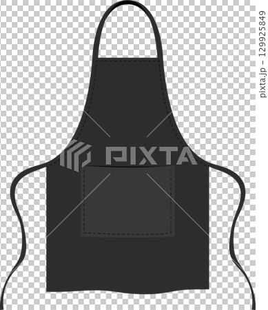 A gray apron is displayed in the center with a pocket stitched with a dashed line square. A gray apron is displayed in the center with a pocket stitched with a dashed line square. 129925849