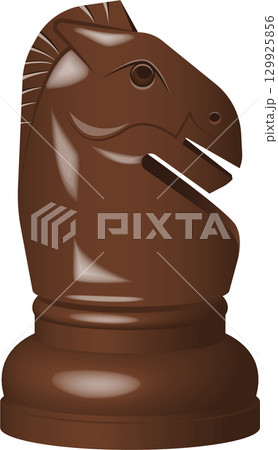 Detailed brown knight chess piece with a horse's head, isolated against a stark black background. 129925856