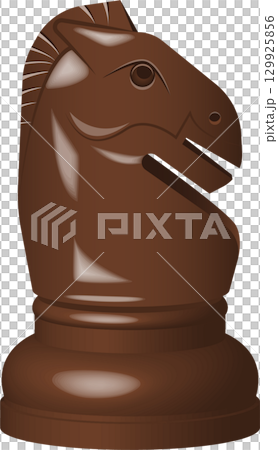 Detailed brown knight chess piece with a horse's head, isolated against a stark black background. 129925856