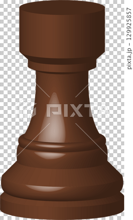 Brown chess rook piece with cylindrical top and stepped base against a black background. Brown chess rook piece with cylindrical top and stepped base against a black background. 129925857