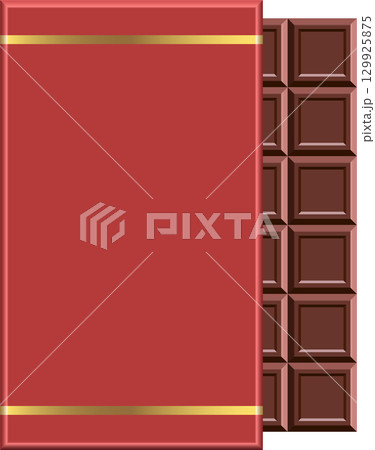Chocolate bar with red wrapper. Sweet treat with rich flavor. Perfect snack for any occasion. 129925875