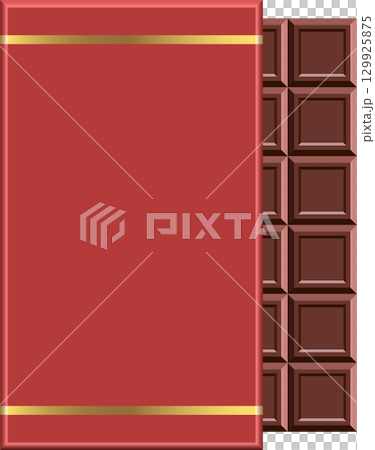 Chocolate bar with red wrapper. Sweet treat with rich flavor. Perfect snack for any occasion. 129925875