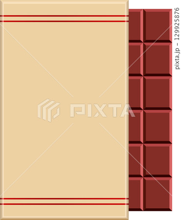 Beige label with red stripes next to brown chocolate bar on right for product display backdrop. 129925876