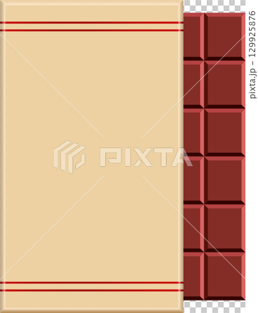 Beige label with red stripes next to brown chocolate bar on right for product display backdrop. 129925876