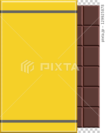 A yellow chocolate bar wrapper partially open, revealing a dark chocolate bar with sections. A yellow chocolate bar wrapper partially open, revealing a dark chocolate bar with sections. 129925878