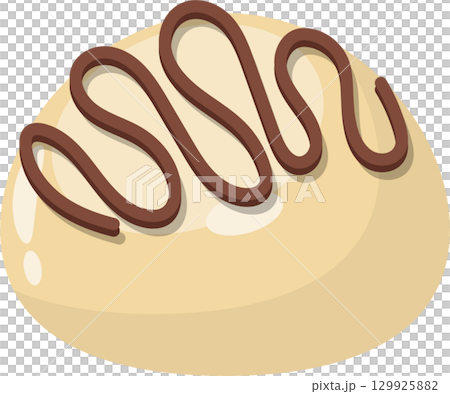 Cartoon illustration of a sweet roll with chocolate icing swirls on top of a baked bun. Cartoon illustration of a sweet roll with chocolate icing swirls on top of a baked bun. 129925882
