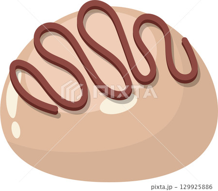 A pastry bun with a tan colored base, is topped with a zig-zag pattern of a brown topping. A pastry bun with a tan colored base, is topped with a zig-zag pattern of a brown topping. 129925886