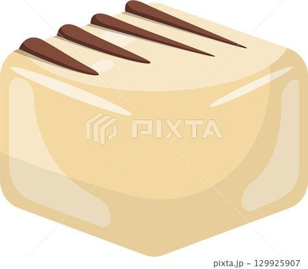 Delicious dessert with light cream icing and decorative chocolate stripes on top. Appetizing! 129925907