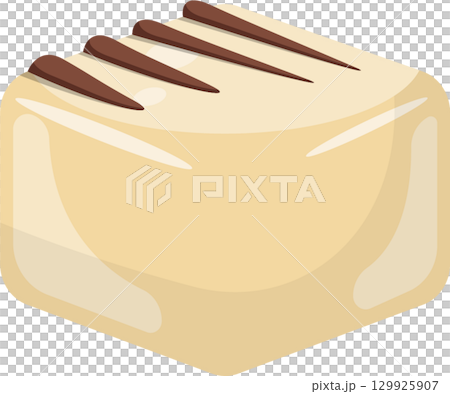 Delicious dessert with light cream icing and decorative chocolate stripes on top. Appetizing! 129925907